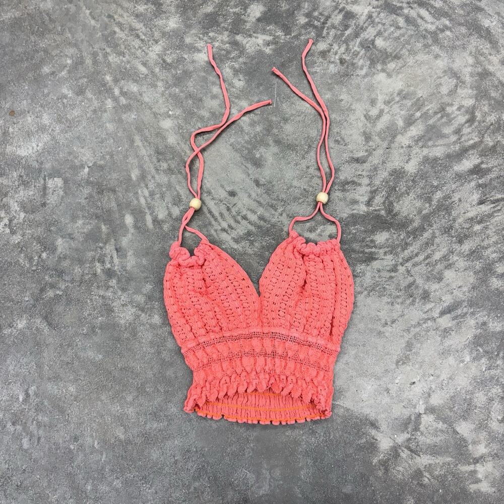 Treasures 100% Cotton Handmade In Peru Crochet Festival Wood Bead Halter Top Os